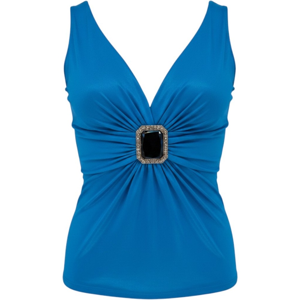 Cache Vintage Satin Sleeveless Top Womens Large Blue Ruched Rhinestone Y2K Glam